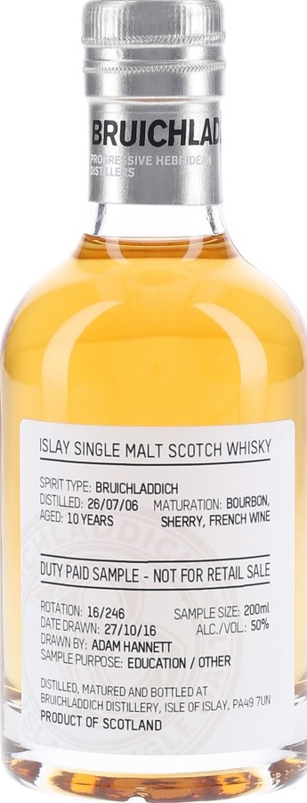 Bruichladdich 2006 Duty Paid Sample Not For Retail Sale Bourbon Sherry French Wine Rotation 16/246 50% 200ml