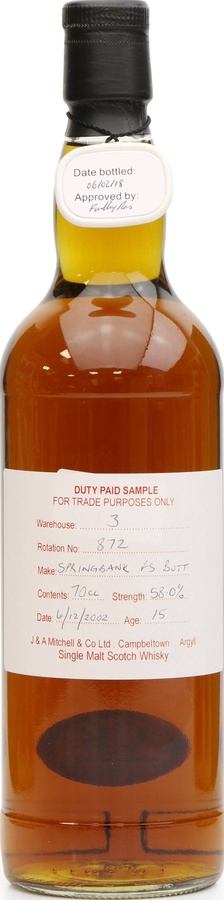 Springbank 2002 Duty Paid Sample For Trade Purposes Only First Fill Sherry Butt Rotation 872 58% 700ml