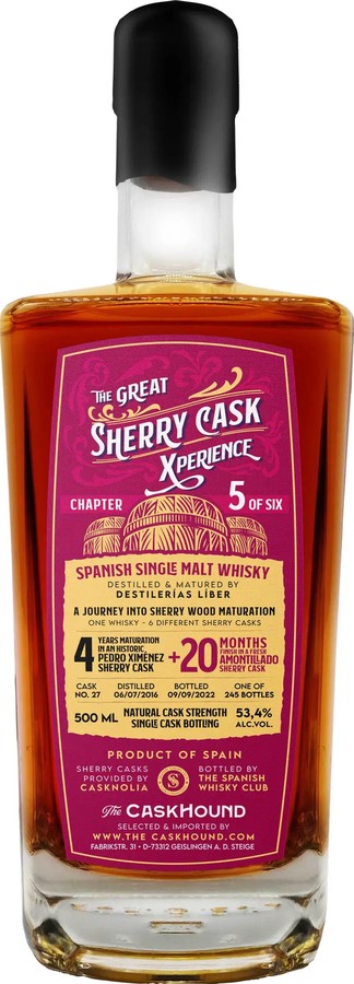 Liber 2016 SWC The Great Sherry Cask Xperience Historic PX + Amontillado Quarter Cask Finish The Caskhound 53.4% 500ml