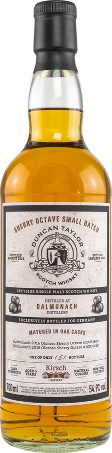 Dalmunach 2016 DT Sherry Cask Octave Small Batch Oloroso Sherry Octave Kirsch Import 54.9% 700ml