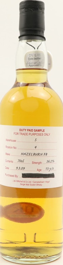 Hazelburn 2009 Duty Paid Sample For Trade Purposes Only Fresh Bourbon 56.2% 700ml