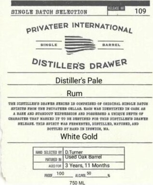 Privateer Distiller's Drawer #109 Distiller's Pale Pot Stilled White Gold 3yo 58% 750ml
