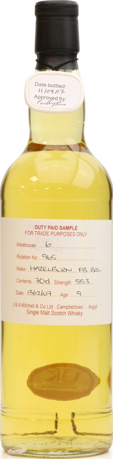 Hazelburn 2007 Duty Paid Sample For Trade Purposes Only 1st Fill Bourbon Barrel Rotation 965 58.3% 700ml