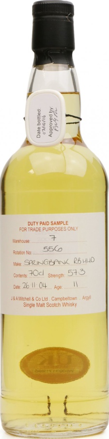 Springbank 2004 Duty Paid Sample For Trade Purposes Only Refill Bourbon Hogshead Rotation 556 57.3% 700ml