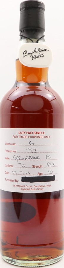Springbank 2011 Duty Paid Sample For Trade Purposes Only Refill Bourbon Rotation 153 59.3% 700ml