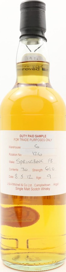 Springbank 2012 Duty Paid Sample For Trade Purposes Only Refill Sherry Butt 61% 700ml