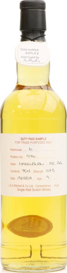 Hazelburn 2007 Duty Paid Sample For Trade Purposes Only 1st Fill Bourbon Rotation 976 57.8% 700ml