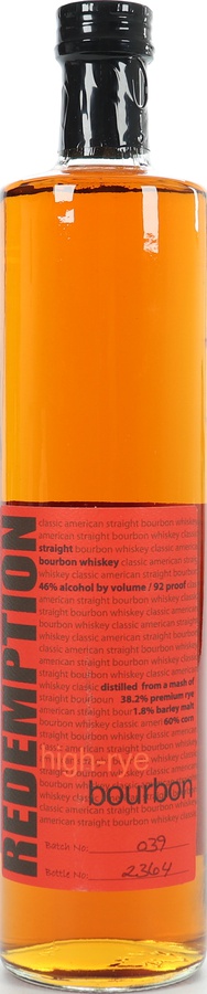 Redemption High-Rye Bourbon BBS Straight American Bourbon Whisky New-Charred Oak Barrels Batch 010 46% 750ml