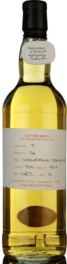 Springbank 2003 Duty Paid Sample For Trade Purposes Only Demerara Rum Barrel Rotation 54 58.7% 700ml