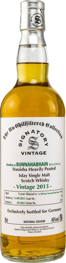 Bunnahabhain 2013 SV Staoisha The Un-Chillfiltered Collection 1st Fill Pinot Noir Red Wine Butt Finish Germany 46% 700ml