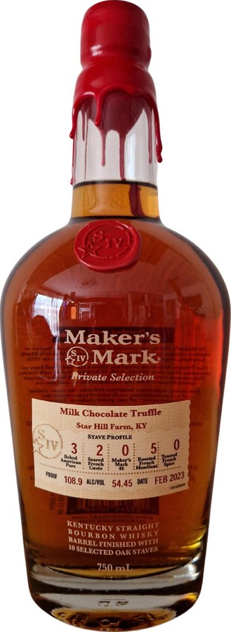 Maker's Mark Private Selection Milk Chocolate Truffle 3x BAP 2x SFC 5x RFM Star Hill Farm KY 54.45% 750ml