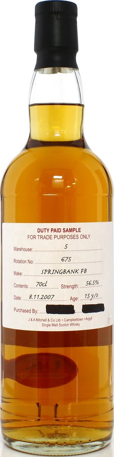 Springbank 2007 Duty Paid Sample For Trade Purposes Only 1st Fill Bourbon 56.5% 700ml