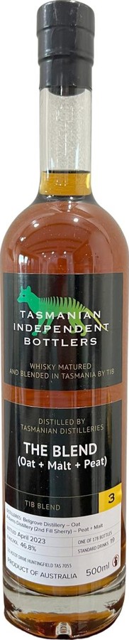 Tasmanian Independent Bottlers The Blend 3 TmIB Oat + Malt + Peat Belgrove -Oats Adams 2nd Fill Sherry 46.8% 500ml