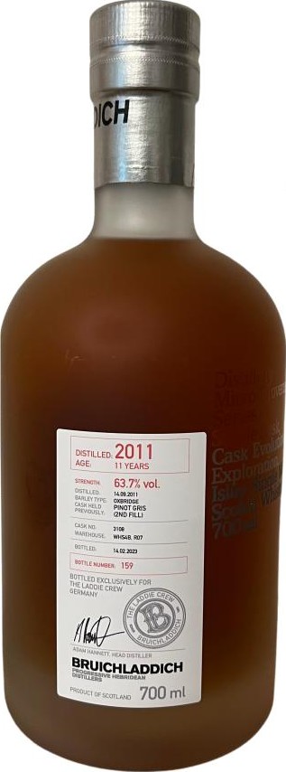 Bruichladdich 2011 Cask Evolution Exploration 2ND Fill Pinot Gris The Laddie Crew Germany 63.7% 700ml