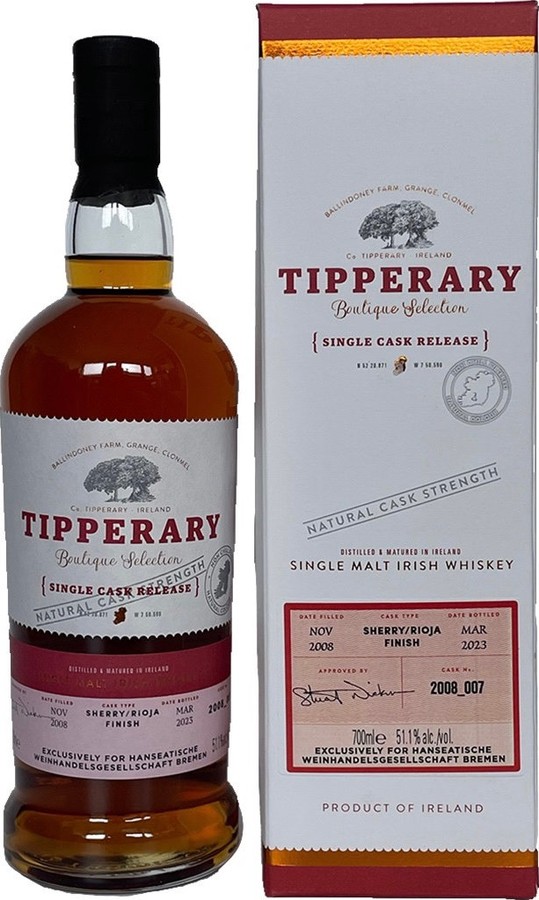Tipperary 2008 Boutique Selection Single Cask Release Sherry Butt + 1st Fill ex-Rioja Finish Hanseatische Weinhandelsgesellschaft Bremen 51.1% 700ml