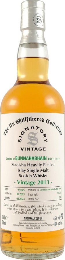 Bunnahabhain 2013 SV Staoisha The Un-Chillfiltered Collection 1st-fill Pinot Noir Red Wine Butts Finish 46% 700ml