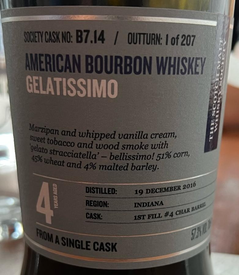 Bourbon Whisky 2016 SMWS B7.14 Gelatissimo 1st fill #4 char barrel 57.3% 700ml