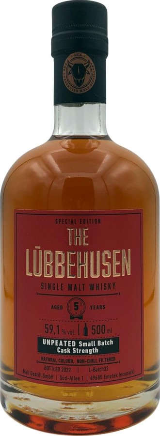 The Lubbehusen 5yo Unpeated Small Batch Cask Strength Virgin White Oak Ex-Bourbon Barrel 59.1% 500ml