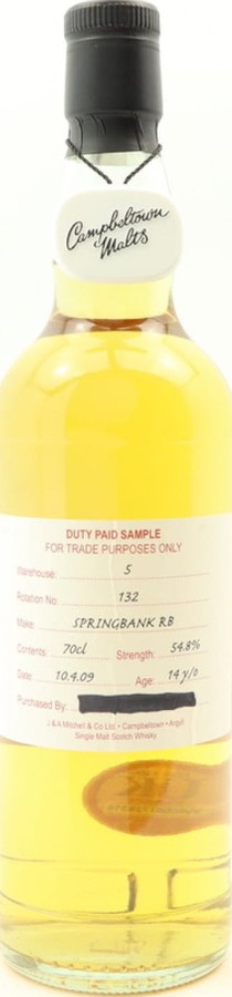 Springbank 2009 Duty Paid Sample For Trade Purposes Only Refill Bourbon 54.8% 700ml