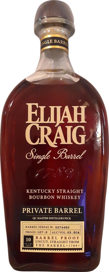 Elijah Craig 10yo Single Barrel Barrel Proof New American Oak Charlotte NC Market 63.8% 750ml