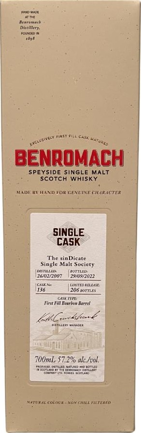 Benromach 2007 Single Cask 1st fill bourbon The sinDicate Single Malt Society 57.2% 700ml