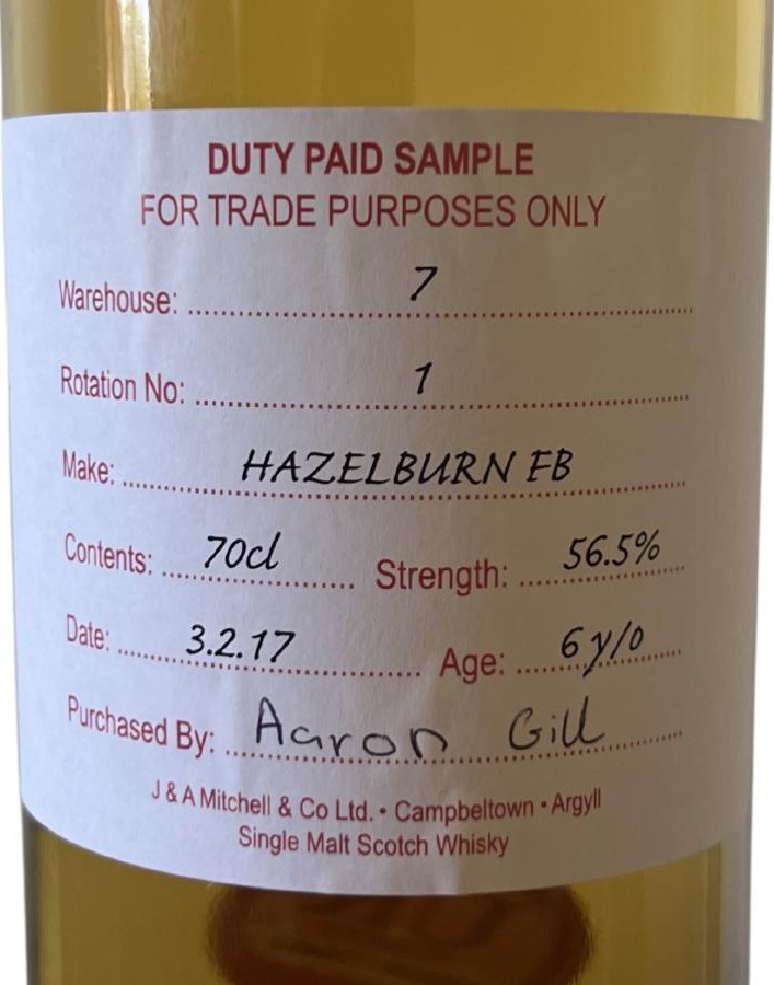 Hazelburn 2017 Duty Paid Sample For Trade Purposes Only Fresh bourbon 56.5% 700ml