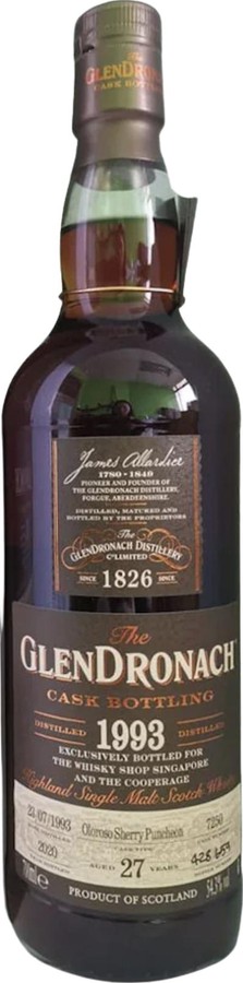 Glendronach 1993 Cask Bottling Oloroso Sherry Puncheon The Whisky Shop Singapore and the Cooperage 54.3% 700ml