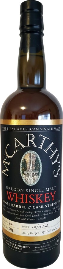 McCarthy's Oregon Single Malt Whisky Single Barrel Cask Strength Cognac Finish Multnomah Whisky Library 57.75% 750ml