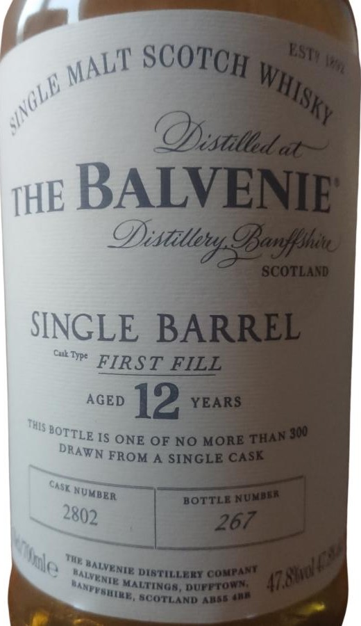 Balvenie 12yo Single Barrel 1st Fill Bourbon Barrel 47.8% 700ml