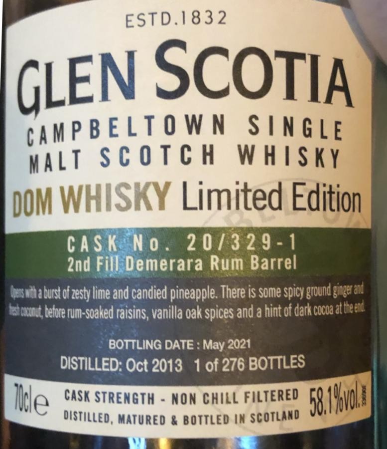 Glen Scotia 2013 Single Cask 2nd fill Demerara Rum Barrel 12th Birthday of Dom Whisky 58.1% 700ml