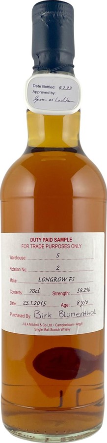 Longrow 2015 Duty Paid Sample For Trade Purposes Only Fresh Sherry 58.2% 700ml