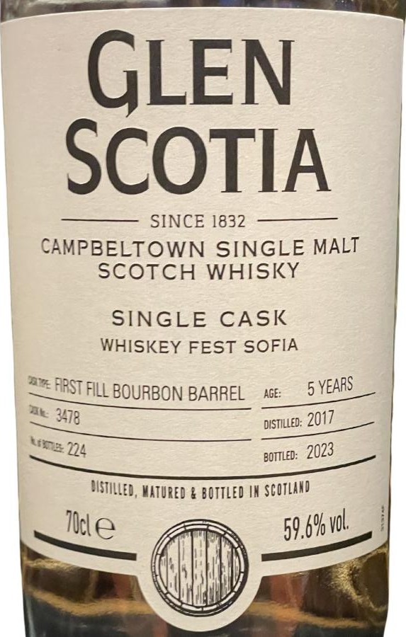 Glen Scotia 2017 Single Cask 1st fill bourbon barrel Whisky Fest Sofia 2023 59.6% 700ml