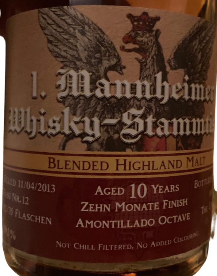 Blended Highland Malt 2013 TCaH 10 month Amontillado Octave Finish 1. Mannheimer Whiskystammtisch 59.1% 500ml