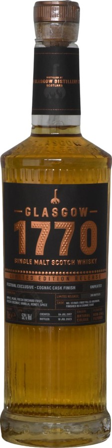 1770 2017 Glasgow Single Malt Limited Edition Release 1st fill ex-bourbon finished in cognac The International Whisky Festival The Hague 2023 52% 700ml