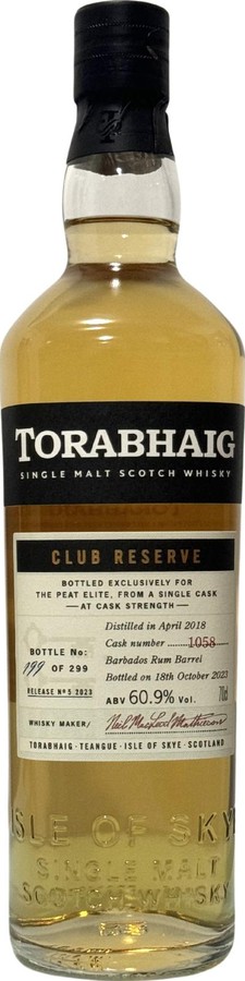Torabhaig 2018 Club Reserve Release No.5 1st-fill & Refill BB 51m HC Barbados Rum 15m The Peat Elite 60.9% 700ml