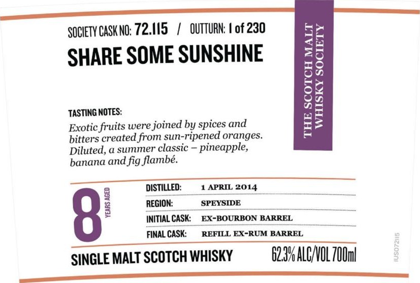 Miltonduff 2014 SMWS 72.115 Share some sunshine Ex-Bourbon Barrel & Refill Ex-Rum Finish 62.3% 700ml