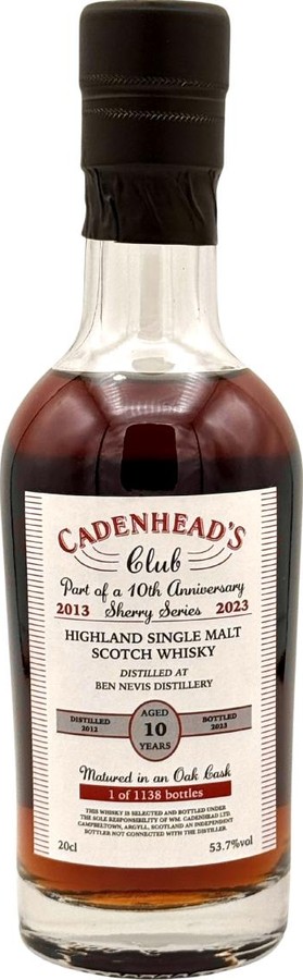 Ben Nevis 2013 CA Cadenhead's Club 10th Anniversary Oloroso Hogshead since November 2020 53.7% 200ml