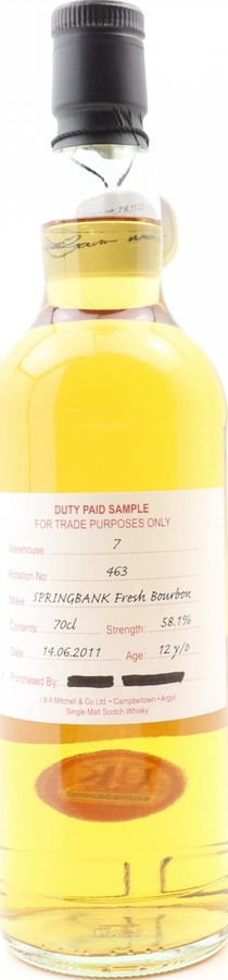Springbank 2011 Duty Paid Sample For Trade Purposes Only Fresh Bourbon 58.1% 700ml