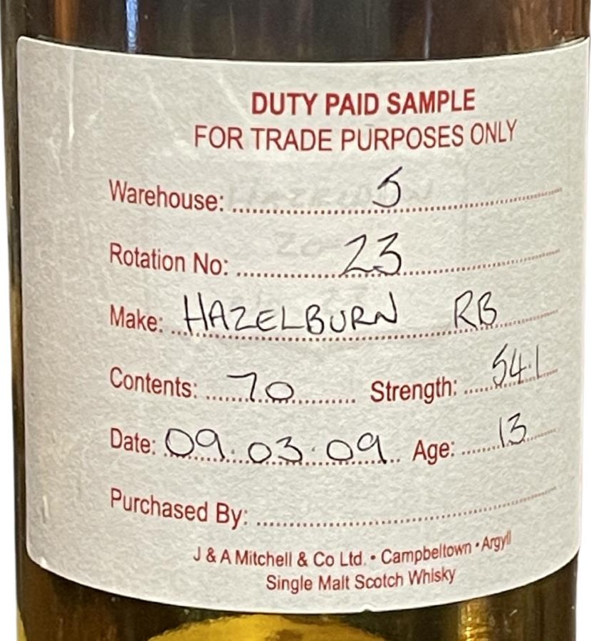 Hazelburn 2009 Duty Paid Sample For Trade Purposes Only Refill Bourbon Washback Bar 54.1% 700ml