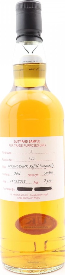 Springbank 2016 Duty Paid Sample For Trade Purposes Only Refill Burgundy 58.9% 700ml