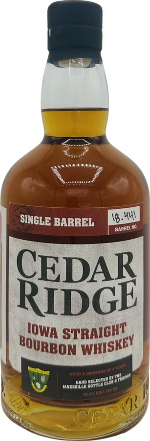 Cedar Ridge Iowa Straight Bourbon Whisky Single Barrel Janesville Bottle Club & Friends Janesville WI 60.4% 750ml