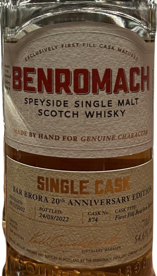 Benromach 2002 Single Cask 1st Fill Bourbon Barrel Bar Brora Sapporo Japan 54.6% 700ml