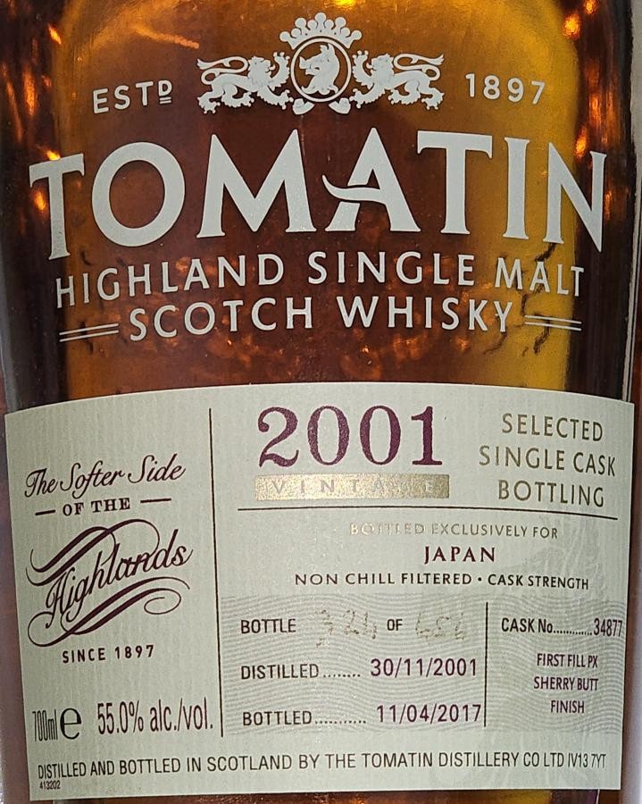 Tomatin 2001 Selected Single Cask Bottling 1st Fill PX Sherry Butt Finish Japan 55% 700ml