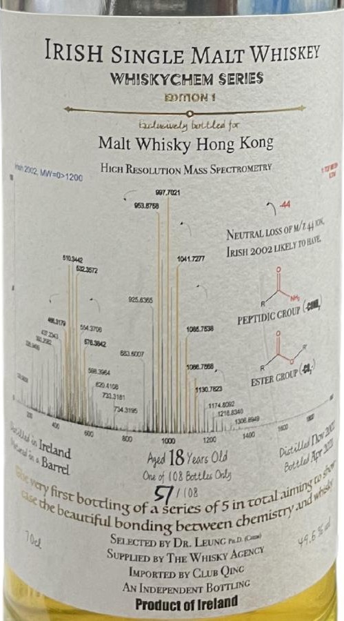 Irish Single Malt Whisky 2002 TWA Whiskychem Series Barrel Malt Whisky Hong Kong 49.6% 700ml