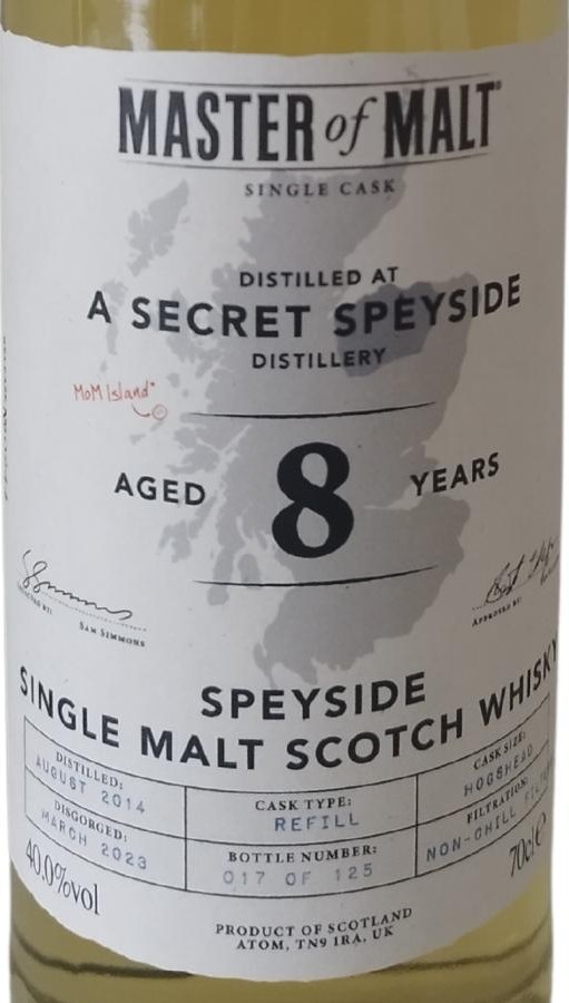 A Secret Speyside Distillery 2014 MoM Single Cask 40% 700ml