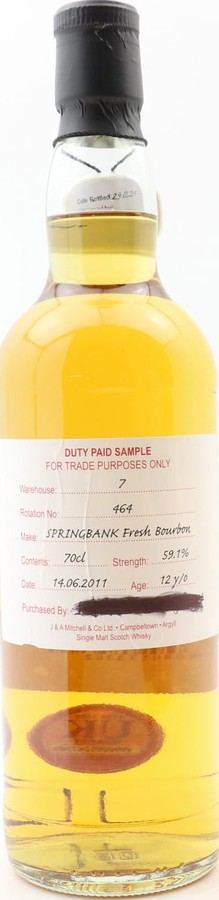 Springbank 2011 Duty Paid Sample For Trade Purposes Only 59.1% 700ml