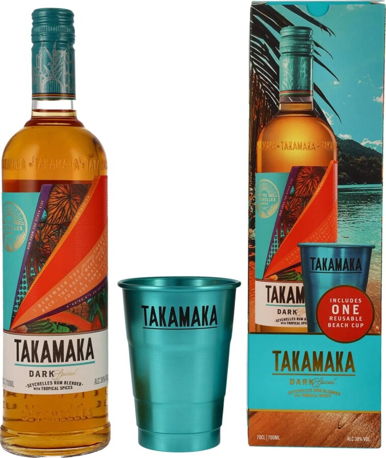 Takamaka La Plaine St. Andre Dark Spiced Giftbox With Beach Cup 38% 700ml