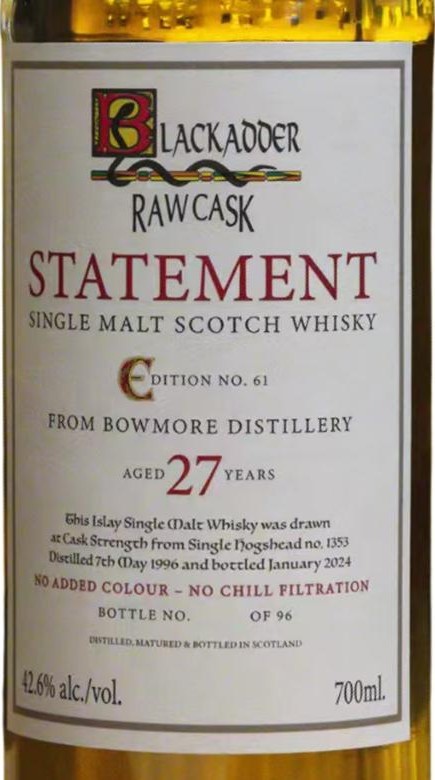 Bowmore 1996 BA raw cask 42.6% 700ml