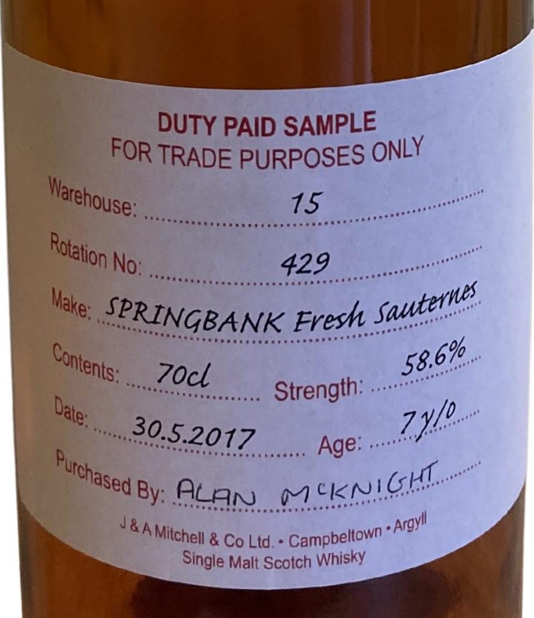 Springbank 2017 Duty Paid Sample For Trade Purposes Only 58.6% 700ml