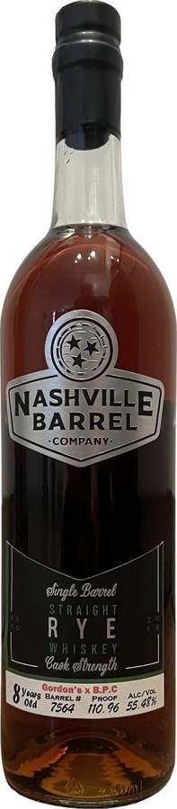 Nashville Barrel Company 8yo Single Barrel Straight Rye Whisky Gordon's Fine Wine & Liquor 55.48% 750ml